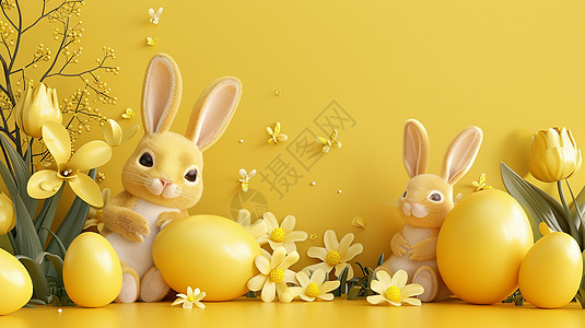 两只可爱的卡通小兔子在彩色蛋旁图片