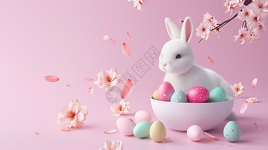 复活节在装满彩色蛋碗旁一只可爱的兔子图片