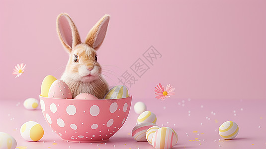 在碗中可爱的卡通复活节兔子与彩色蛋图片