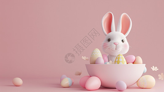 在碗中一只卡通复活节兔子与彩色蛋图片