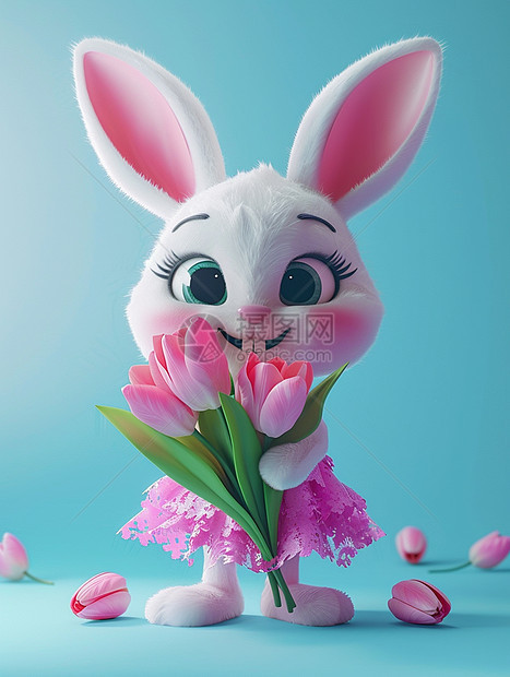 手拿着郁金香花朵穿着粉色小裙子的小兔子图片