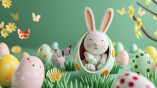 绿色调可爱的卡通兔子与彩蛋图片