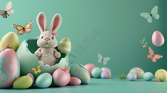 绿色背景调复活节可爱的卡通兔子与彩蛋图片