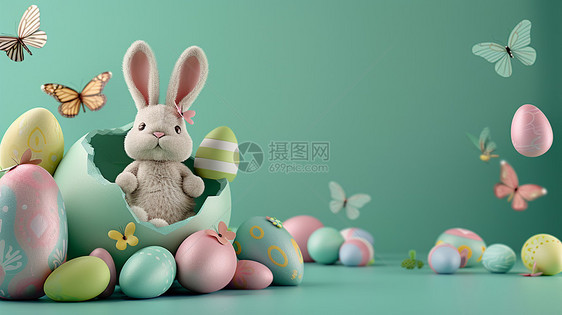 绿色背景调复活节可爱的卡通兔子与彩蛋图片