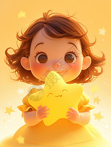 双手捧着黄色星星开心笑的小女孩图片