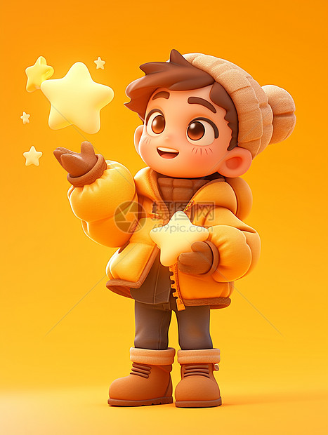 穿着黄色厚外套的手拿着星星的可爱卡通小男孩图片