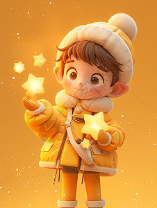 穿着黄色厚外套的手拿着星星的卡通小男孩图片