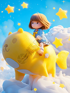 穿着蓝色连衣裙坐在黄色大鱼上遨游在天空中的可爱卡通小女孩图片