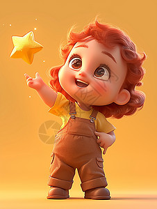 红色头发立体可爱的卡通小女孩与黄色小星星图片