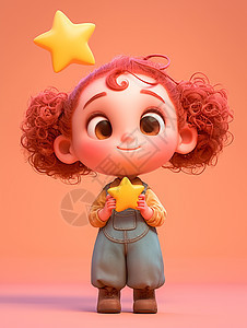 红色头发立体可爱的卡通小女孩与黄色小星星图片