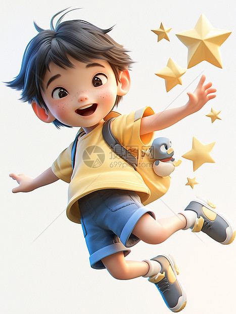 穿着黄色T恤背着书包开心可爱的小男孩图片