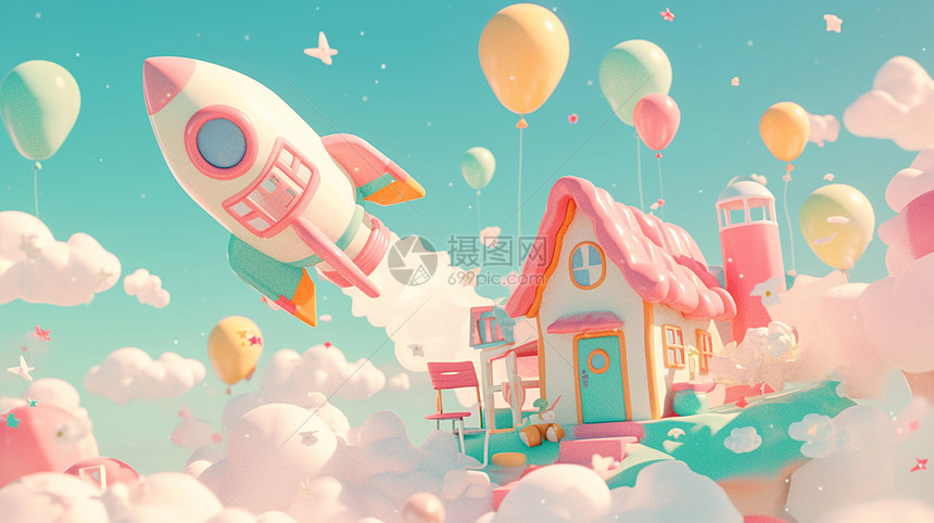 在梦幻云朵上空一座小房子旁一个大大的彩色火箭图片