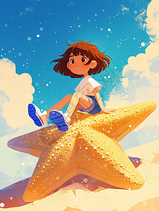 穿着T恤坐在大大的黄色星星上可爱的卡通小女孩图片