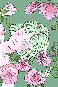 春天的花清新玫瑰花美女线描手绘插画插画