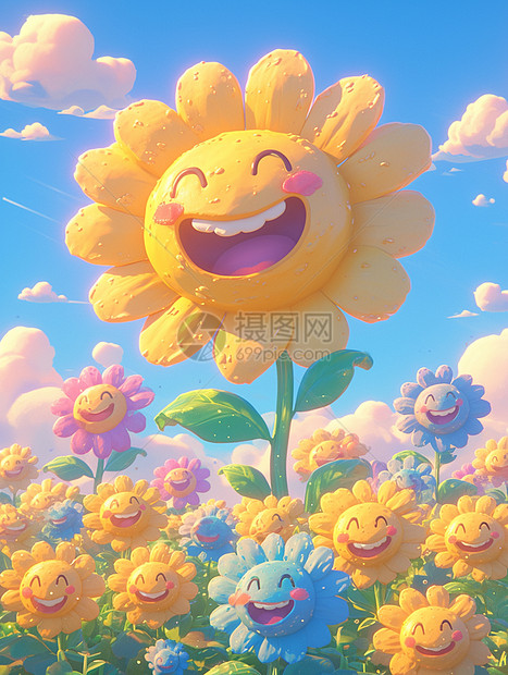 大朵卡通太阳花在花丛中图片