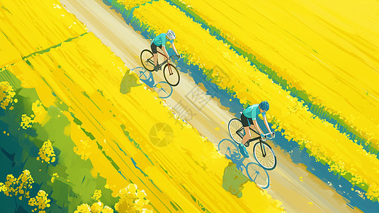 春天在开满油菜花的花田中小路上骑行的卡通人物图片