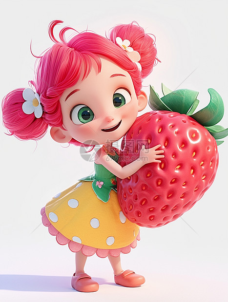 抱着大大的草莓的可爱粉色头发卡通女孩图片