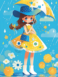 戴着大大的遮阳帽穿着黄色连衣裙的小女孩高清图片