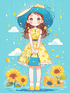 头戴遮阳帽穿着黄色连衣裙的可爱小女孩图片