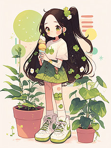 春天在植物旁吃雪糕的可爱女孩图片