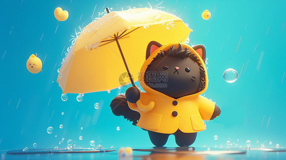 穿黄色雨衣举着雨伞的黑色可爱卡通小猫图片