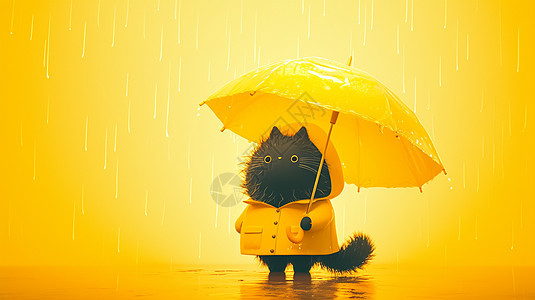 黄色背景雨中穿着黄色雨衣举着雨伞的黑色可爱卡通小猫图片