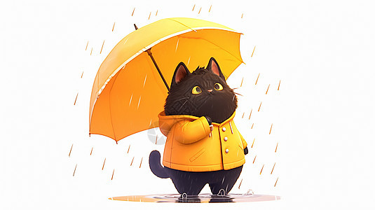 雨中穿着黄色雨衣举着雨伞的黑色可爱小猫图片