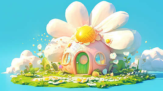 春天在草地上一座花朵主题可爱的小房子图片
