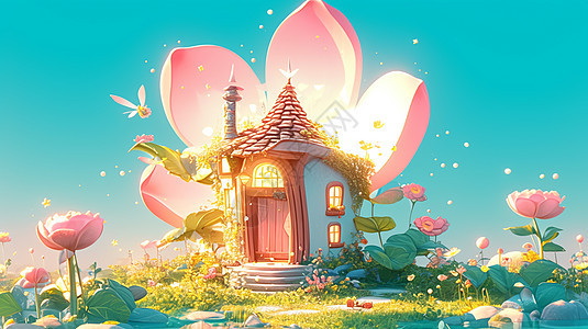 一座花朵主题可爱的卡通小房子图片