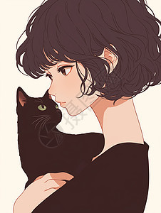 穿着黑色毛衣抱着猫的短发卡通女孩图片