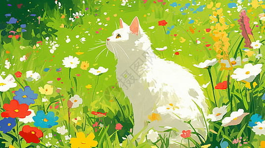 一只可爱的白色猫在开满花朵的草丛中图片