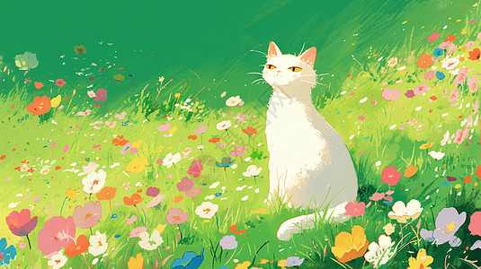 可爱的白色卡通猫在开满花朵的草丛中图片