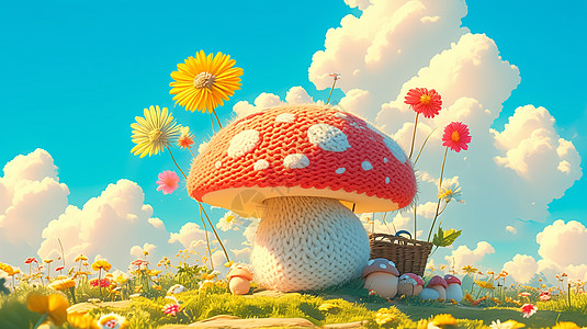 春天开满花朵的草地上一个可爱的蘑菇图片