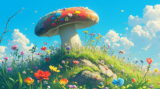 开满花朵的草地上一个可爱的卡通毛线蘑菇图片