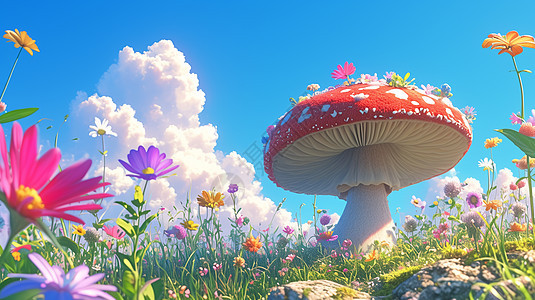 蓝天下开满花朵的草地上一个可爱的卡通毛线蘑菇图片