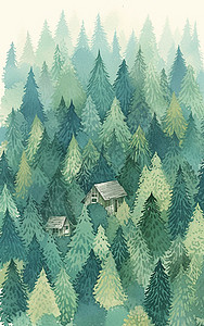 茂密的森林中一座简约木屋图片