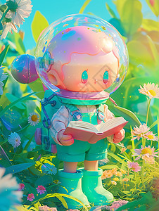 可爱的卡通人物手拿着书站在花丛中图片