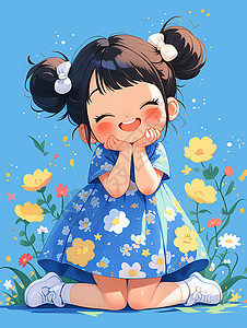 蓝色花裙子双手捧着脸可爱的卡通小女孩图片