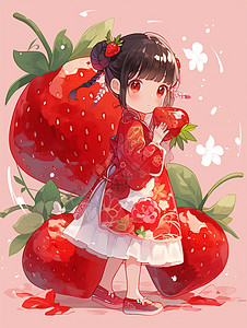 站在红色大草莓旁古风装扮小女孩插画