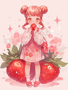 站在红色大草莓旁古风装扮可爱吃草莓的小女孩图片
