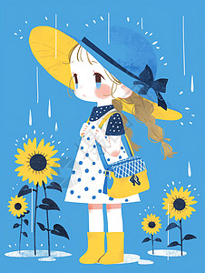 蓝色背景头戴着帽子背着小包站在花丛中的可爱卡通小女孩图片