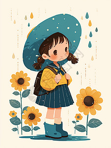 在花丛中的可爱戴帽子的小女孩图片