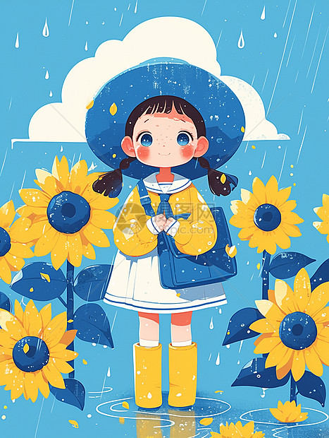 正在下雨站在向日葵园里的可爱卡通小女孩图片