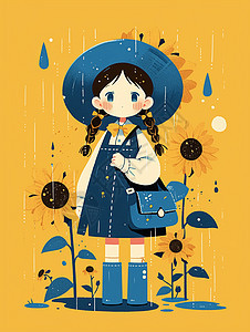 黄色背景雨中站在向日葵园里的可爱卡通小女孩图片