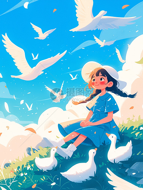 蓝天下坐在绿色山坡上放鹅的可爱卡通小女孩图片