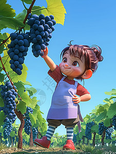 正在摘葡萄的立体可爱卡通矮个女孩图片