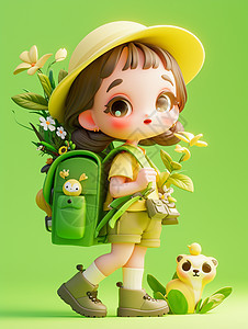 背着绿色书包踏青旅行徒步的小女孩图片