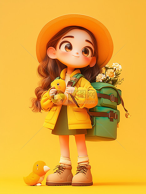 背着书包踏青旅行徒步的可爱卡通小女孩图片