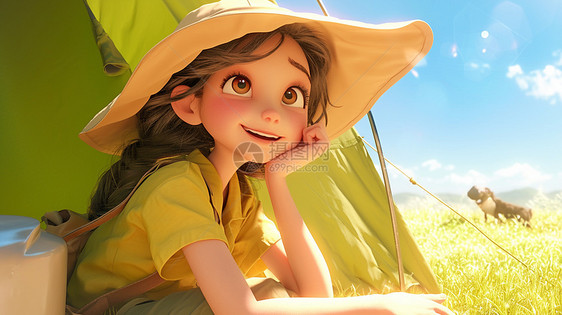 戴着遮阳帽在露营帐篷外欣赏风景开心的女孩图片