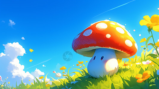 蓝天白云下绿油油的草地上可爱蘑菇图片